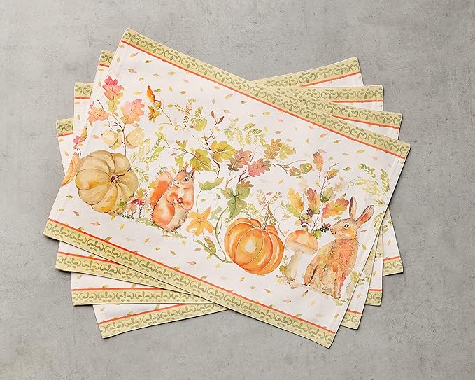 Maison d' Hermine Placemats Set of 4 100% Cotton Washable Cloth Place Mats, Reusable Table Mats for Kitchen Dining Decoration, Party, Wedding, Restaurant (Pumpkin Passion, 13" x 19")