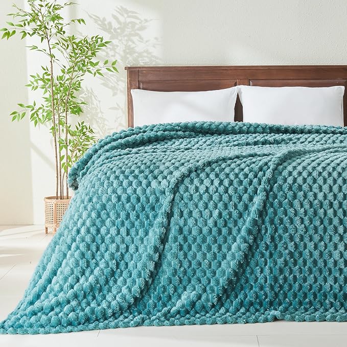 NEWCOSPLAY Super Soft Queen Blanket Light Teal Premium Silky Flannel Fleece 3D Clouds Stylish Jacquard Lightweight Bed Blanket All Season Use 350GSM (Light Teal, Queen(90"x90"))