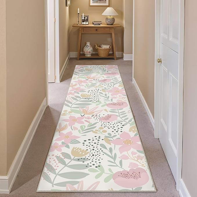 Floral Runner Rug 2x10 Washable Hallway Pink Bedroom Non Slip Cute Long Kitchen Carpet Botanical Indoor Soft Accent Rug for Bathroom Dining Laundry Living Room