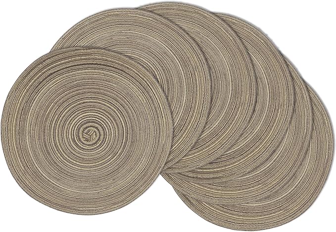Braided Round Placemats Set of 6, Woven Washable Non-Slip Table Mats for Kitchen Dining, 14.5 Inch, Heat Resistant - Natural Fabric Indoor Outdoor Place Mats(Coffee)