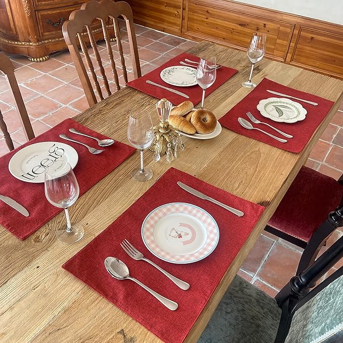 Weabetfu Cloth Placemats Set of 4 Heat Resistant Dining Table Placemmats Cotton Linen Machine Washable Kitchen Table Mats Wrinkle Free Thick Fabric Place Mat,Easy to Clean,13"x19" Burgundy