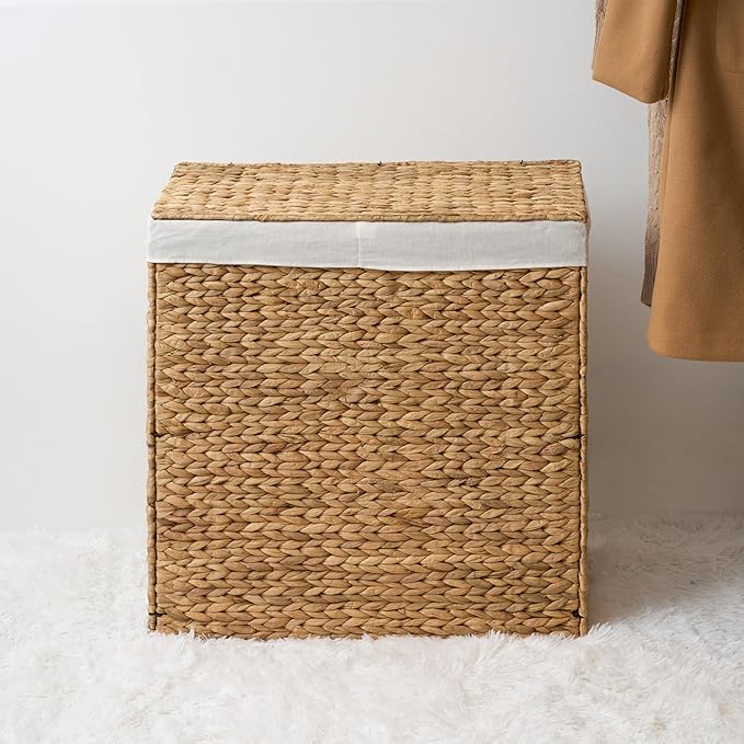 Woven Laundry Basket with Lid - Large Wicker Hamper with Lid for Clothes Storage - Round Rattan Laundry Hamper - Water Hyacinth Storage Basket with Lid (Natural Brown, 24x12.8x24 in)
