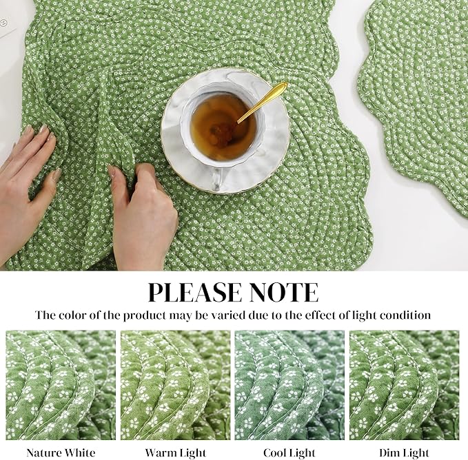 HOMBYS Quilted Placemats Set of 6 Washable Round Placemats for Kitchen Table-100% Cotton Fabric 13 Inch Round Table Mats, Cotton Fabric with Microfiber Filling, (13"x13",Green & White Flower)