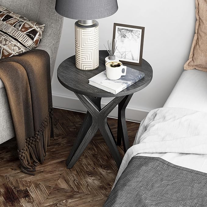 LONYKE Pedestal Farmhouse End Table, Distressed Top with Tripod Base Bedside Table for Living Room, Modern, Boho Decor, Round (1 Pack, Distressed Black)