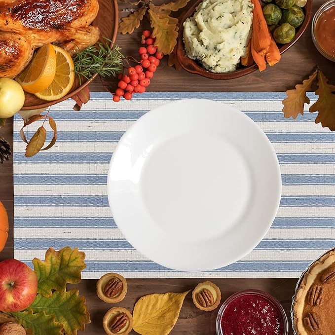 Home Brilliant Placemats Set of 6 Heat Resistant Dining Table Place Mats for Kitchen Table Non Slip Easy to Clean Wipeable Washable Place Mats, 13 x 19 inches, Stripes, Dusk Blue