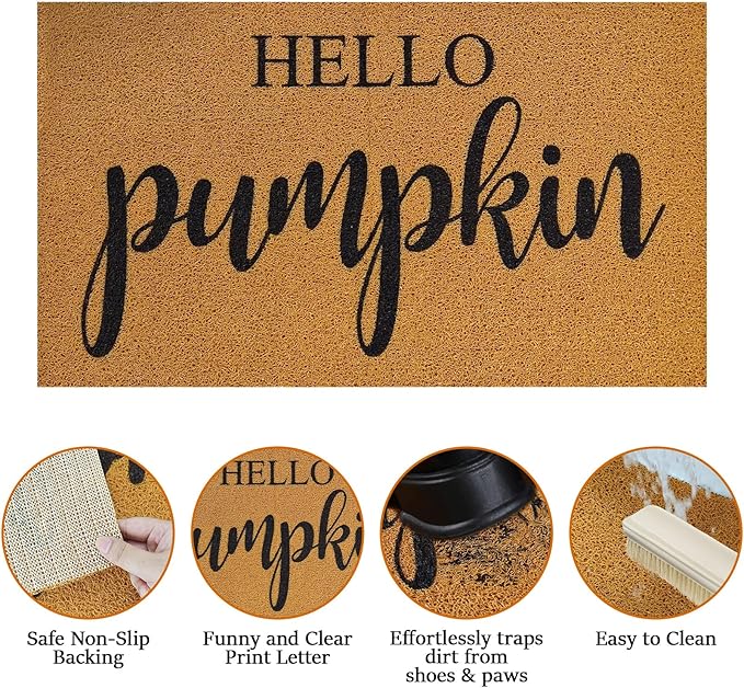 2 Pcs Fall Door Mat Combo Set Imitation Coir Welcome Mat, 43" x 28" Buffalo Plaid Rug Outdoor for Fall Halloween Thanksgiving Rustic Farmhouse Indoor Autumn Mats Hello Pumpkin (Orange and Black Plaid)