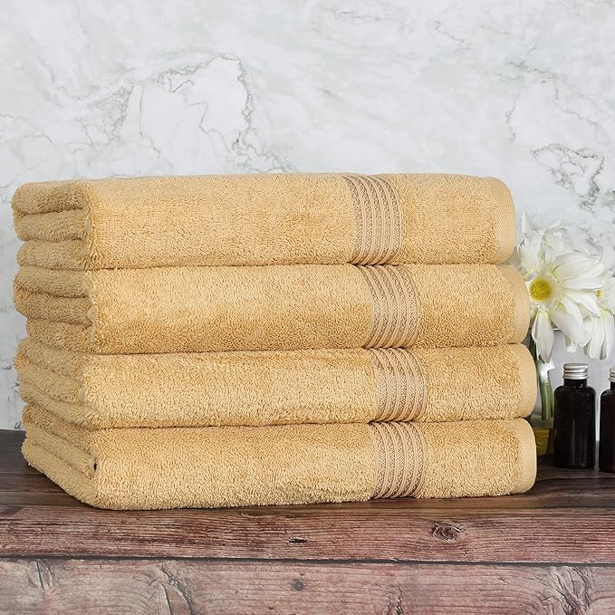 Superior Egyptian Cotton 4-Piece Bath Towel Set for Shower, Bath, Spa, Resort, Hotel, Soft Body Towels, Airbnb Essentials, Apartment, Dorm, Quick Dry, Absorbent, Bathroom Basics, Gold