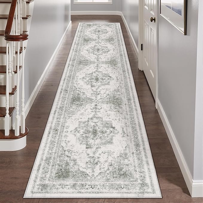 Runner Rug 2x8 Washable Gray Hallway Runner Vintage Boho Medallion Non Slip Grey Distressed Retro Carpet Indoor Low Pile Long Soft Rug for Kitchen Entryway Bedroom Bathroom Laundry