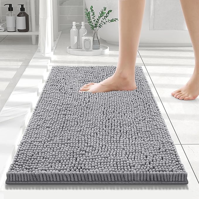 Smiry Luxury Chenille Bathroom Rugs 24x16, Extra Soft and Absorbent Shaggy Bath Mat, Machine Washable, Non-Slip Plush Carpet Runner for Tub, Shower, and Floor, Home Decor Accessories, Grey