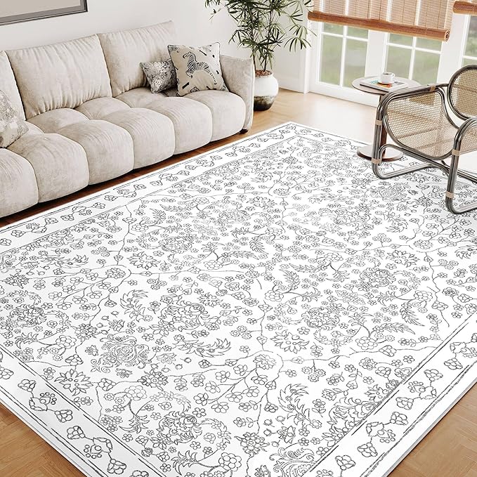 Floral Area Rug 6x9 Washable Grey Carpet Non Slip Large Boho Thin Farmhouse Throw Accent Rug for Living Room Bedroom Office Kitchen Bathroom