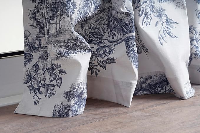 Maison d' Hermine Curtains for Living Room 100% Cotton 124 inch Length Two Panels Light Filtering Toile Curtains for Bedroom Windows with Rod and Loop Pockets Drapes (Trianon Blue, 50" W x 124" L)