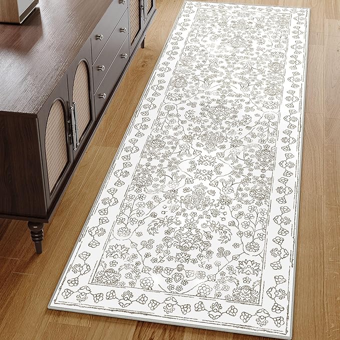 Floral Runner Rug 2x6 Hallway Washable Taupe Kitchen Carpet Non Slip Boho Thin Farmhouse Throw Accent Long Rug for Laundry Bathroom Office Bedroom