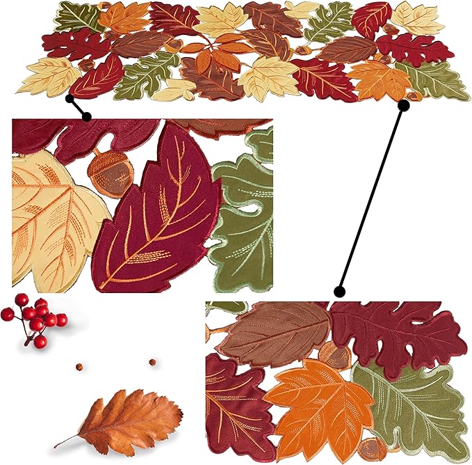 OWENIE Thanksgiving Runner, Fall Leaf Table Runner for Autumn Home Decorations, Fall Table Centerpieces, Embroidered Cutwork Farmhouse HarvestMaple Leaf Runner, 13 Inch x 36 Inch