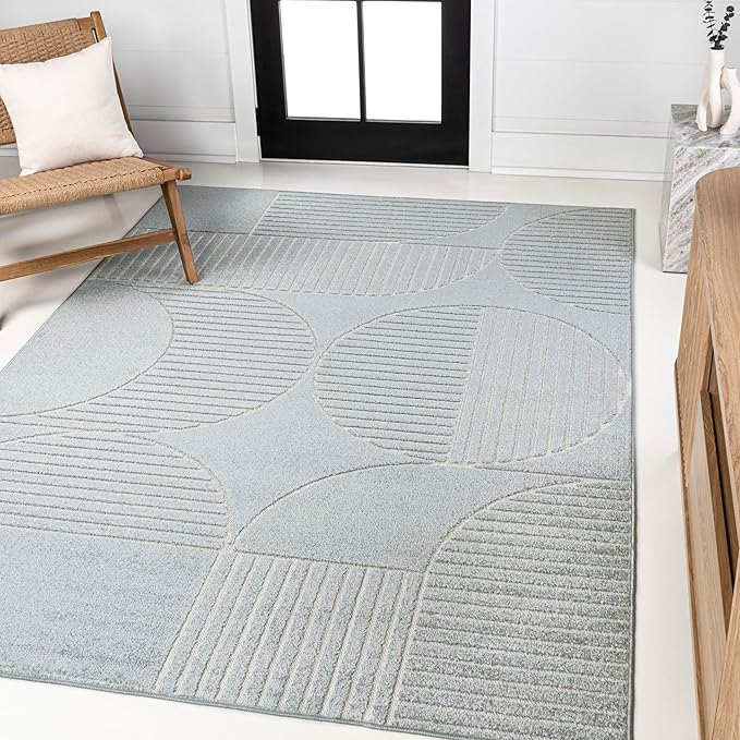 JONATHAN Y SCN104F-8 Nordby High-Low Geometric Arch Scandi Striped Light Blue/Cream 8 ft. x 10 ft. Indoor/Outdoor Area Rug for Patio, Backyard, Living Room, Bedroom, Office, Hose-Washable