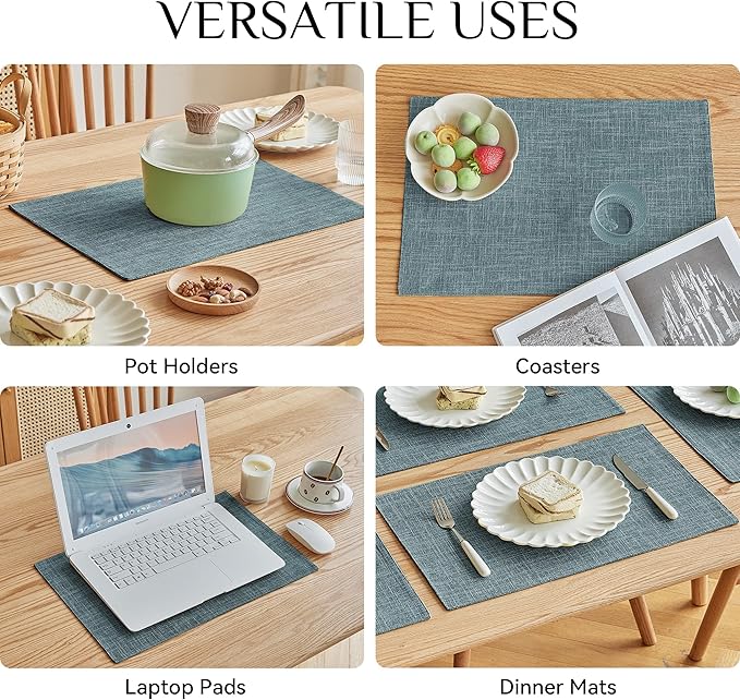 Softalker Faux Linen Placemats Set of 6-12 x 18 Inch, Heat Resistant Double Layered Durable Burlap Farmhouse Place Mats, Non-Slip Washable Rustic Table Mats for Dining, Kitchen, Party(Light Blue