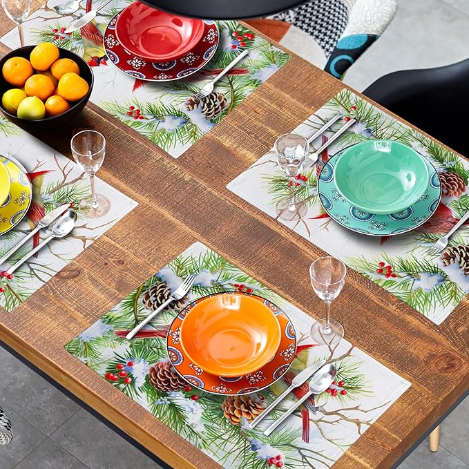 Giwawa Winter Birds Placemats Set of 4, Christmas Tree Holly Berry Pine Cones Place Mat for Kitchen Dining, Xmas Snow Scene Non-Slip Washable Table Mats 12"x18" for Tabletop Holiday Party Decor