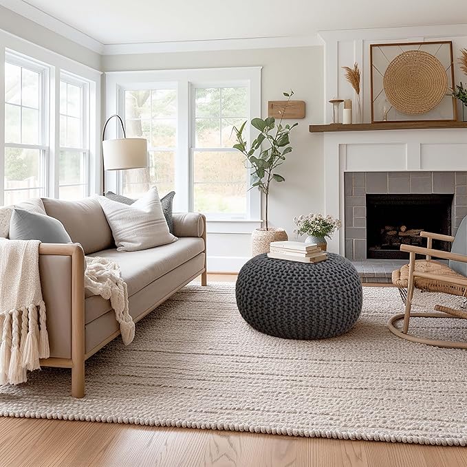 COTTON CRAFT Round Pouf - Hand Knitted Cotton Braid Cord Cable Dori Ottoman - Foot Stool - Floor Pouf Footrest Accent Seat Furniture Bean Bag - Living Room Kids Room Nursery Dorm Décor - 20x14 - Grey