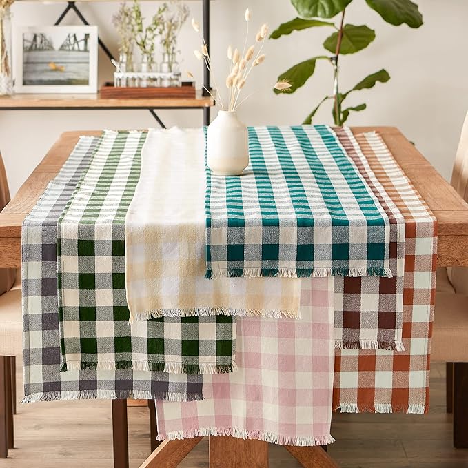 DII Heavyweight Fringed Check Tabletop Collection, Table Runner, 14x108, Natural