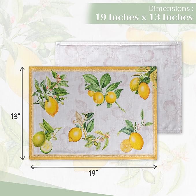 Maison d' Hermine Placemats Set of 4 100% Cotton Washable Cloth Place Mats, Reusable Table Mats for Kitchen Dining Decoration, Party, Wedding, Restaurant Spring/Summer (Limoncello, 13" x 19")