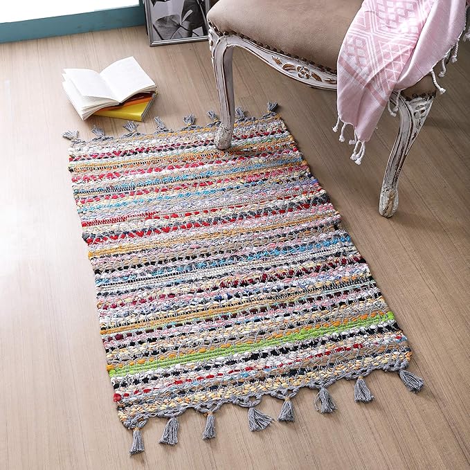 Rug Area Rugs Cotton 2x3 Ft Multicolour Chindi for Livingroom Bedroom Washable RagRug Reversible Farmhouse Kitchen RunnerRug Carpet Area Runner Mat for Hallway, Entryway