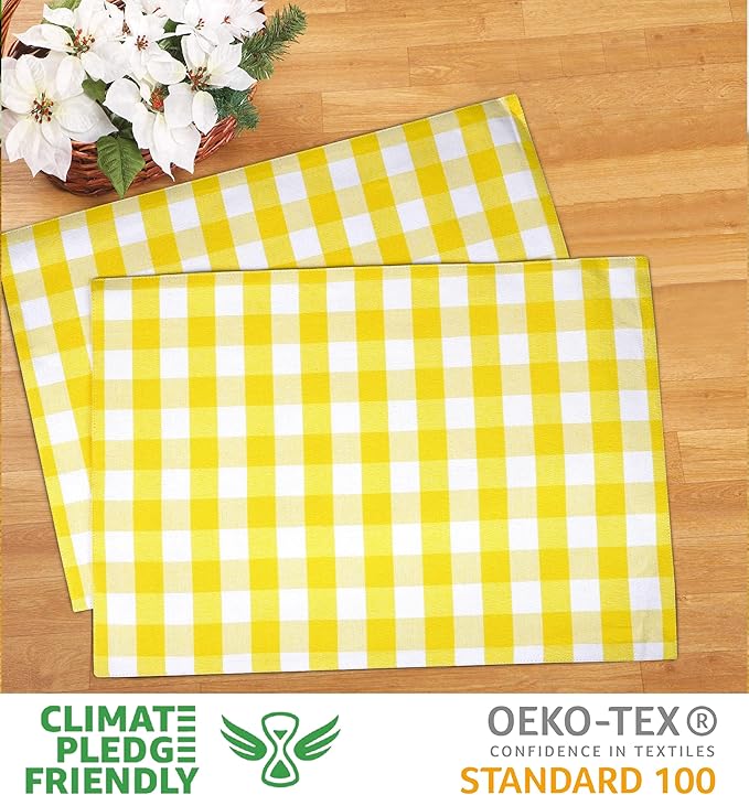 Urban VillaPlacemats for Dining Table 100% Cotton Placemats 14''x20'' Over Sized Tablemats Set of 6 Placemats Yellow/White Buffalo Check Tablemats for Family Dinners Wedding PartiesPlacemats