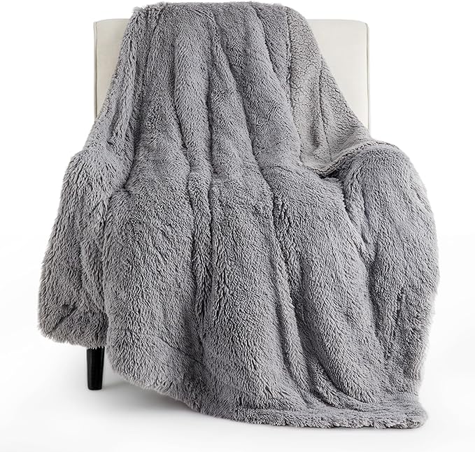 Bedsure Fuzzy Sherpa Faux Fur Twin Blanket Grey Cozy Gifts for Women Men, Soft Fleece Plush Warm Minky Thick Blanket Twin Size for Bed, Couch, Room Decor Dorm Essentials Grey Decor Gifts, 60x80
