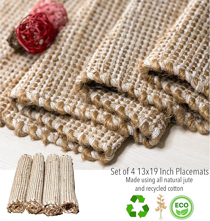 Chardin home | Natural Jute Placemats Set of 4 | 13x19 Inch. Rustic Farmhouse Place mats | Table mats Colors - Natural Jute and Ivory