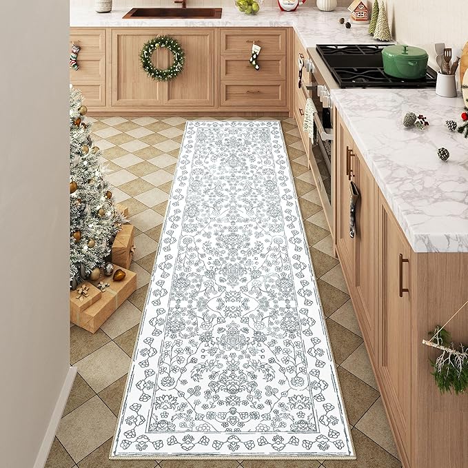 Floral Runner Rug 2x8 Hallway Washable Blue Kitchen Carpet Non Slip Boho Thin Farmhouse Throw Accent Long Rug for Laundry Bathroom Office Bedroom