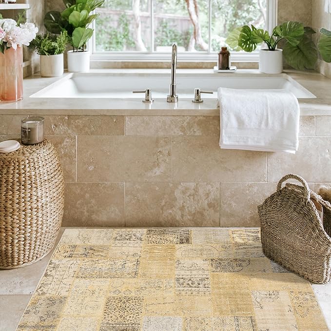 Tan Beige 4x6 Washable Area Rugs for Living Room,Geometric Boho Rug for Bedroom