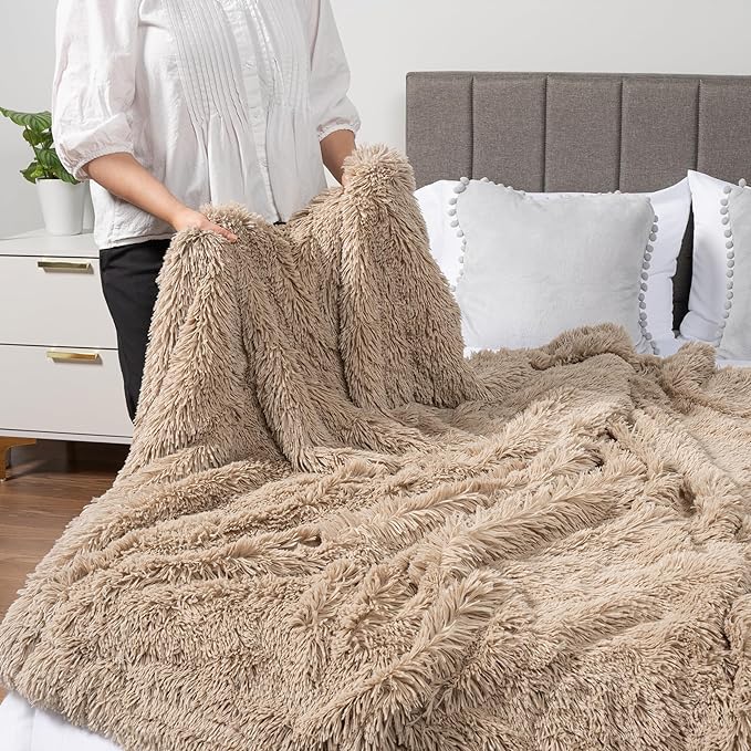 PAVILIA Taupe Tan Fluffy Throw Blanket for Couch, Fuzzy Blanket for Women Men, Furry Plush Warm Blanket Bed Sofa, Super Soft Thick Faux Fur Sherpa Blanket Throw, 50x60
