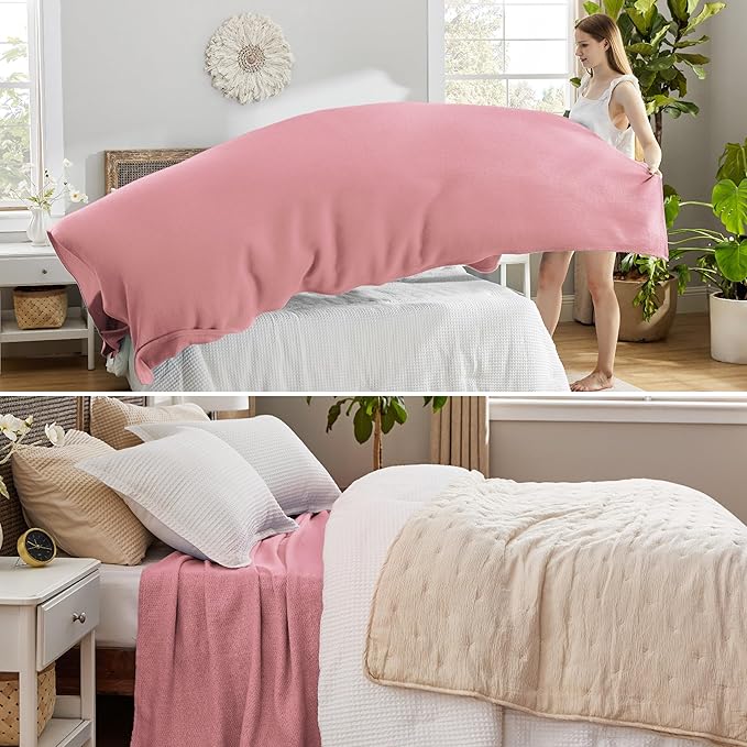Bedsure 100% Cotton Blanket King Size for Bed - Breathable and Lightweight, Soft Cozy Textured Herringbone Woven Blanket for Summer, Pink, 108x90 inches