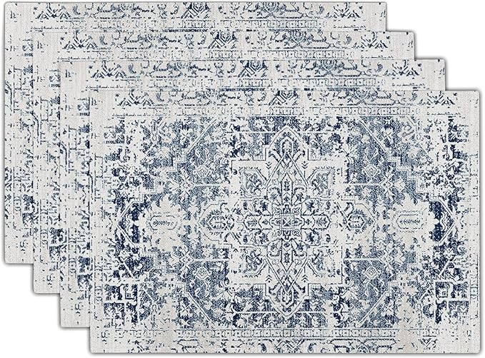 Navy Blue Grey Ethnic Boho Placemats Set of 4 Bohemian Carpet Vintage Gray Linen Washable Kitchen Dining Table Mats Stain Heat-Resistant Desktop Decor Place Mats for Home Party Indoor 12x18 in