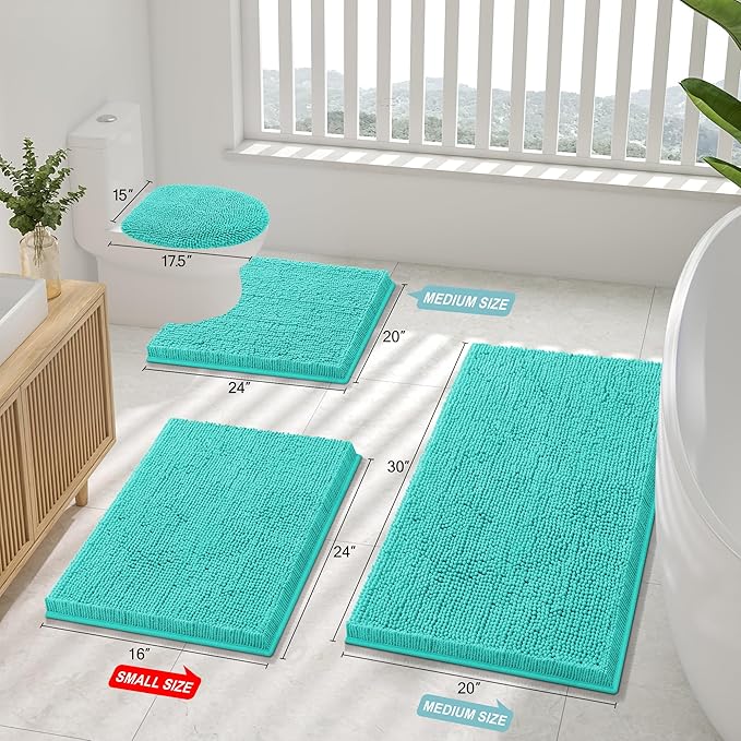 Smiry Luxury Chenille Bathroom Rugs 47x20, Extra Soft and Absorbent Shaggy Bath Mat, Machine Washable, Non-Slip Plush Carpet Runner for Tub, Shower, and Floor, Home Decor Accessories, Turquoise