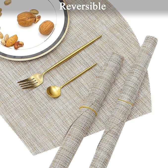 SHACOS Large Size Wedge Shape Placemats with Centerpiece Round Mat Set of 5 Round Table Place Mats Washable Dining Table Placemats Reversible, Beige