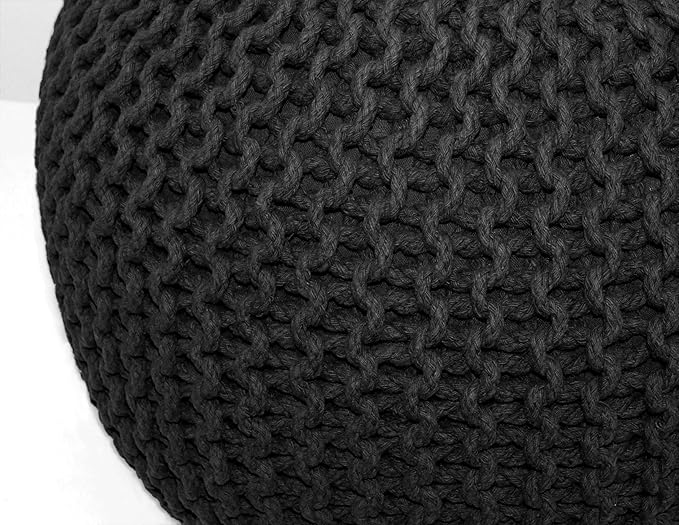 COTTON CRAFT Round Pouf - Hand Knitted Cotton Braid Cord Cable Dori Ottoman - Foot Stool - Floor Pouf Footrest Accent Seat Furniture Bean Bag - Living Room Kids Room Nursery Dorm Décor - 20x14 - Black