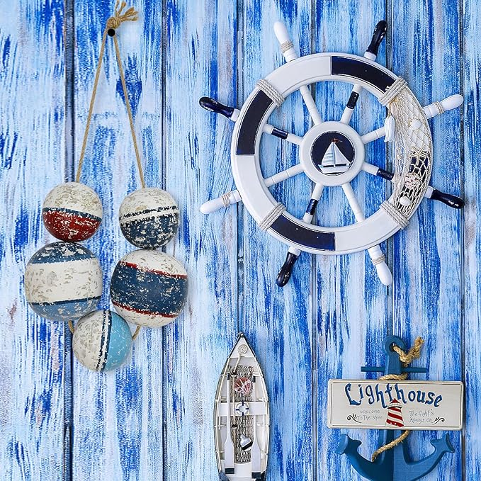 Morning View Buoy Decor Nautical Decor Wood Fishing Floats Decor for Home Coastal Wall Decor Hanging Decorative Boat Floats Wall Art Beach House Decor Nautical Ball with Rope Bathroom Decor 9 Inch