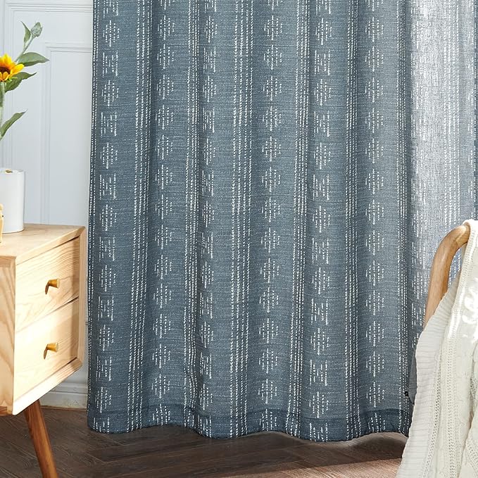 jinchan Boho Curtainsfor Living Room Blue Farmhouse Boho Curtains 84 Inches Long Geometric Striped Mudcloth Light Filtering Bedroom Window Grommet Curtains 2 Panels Blue on Beige