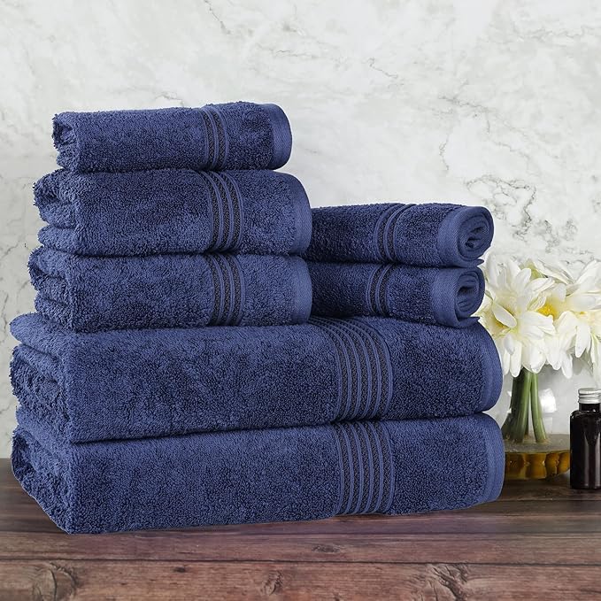 Superior Egyptian Cotton 8-Piece Towel Set, Assorted Towels for Home Bathroom, Master, Guest Bath, Decor Essentials, Includes 2 Bath, 2 Hand, 4 Face Towels/Washcloths, Quick Dry, Absorbent, Navy Blue