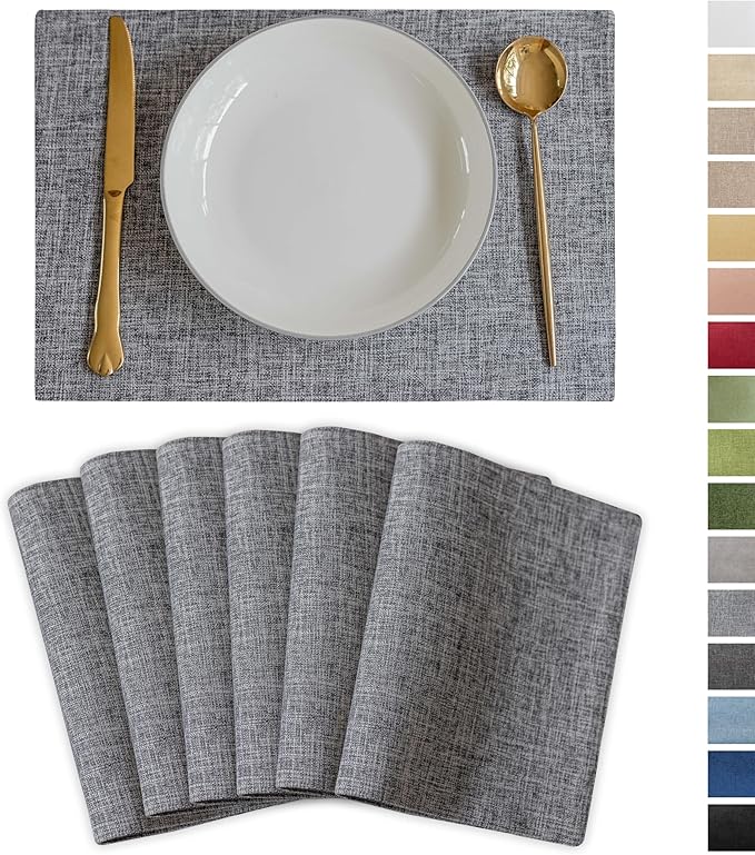 Demetex Cloth Placemats Set of 6 Table Mats Gray Linen Place Mats for Buffet Kitchen and Dining Room, Ash Grey