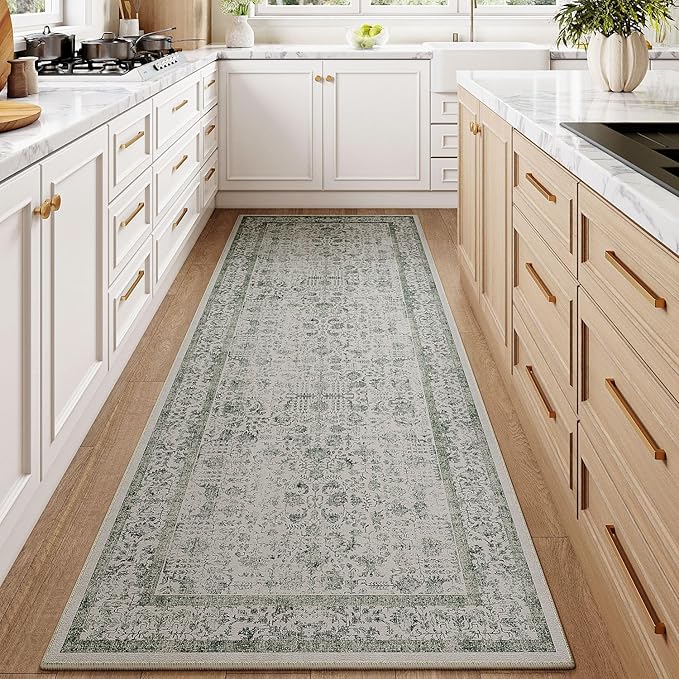 Dark Green Runner Rug 2x6 Hallway Machine Washable Kitchen Vintage Distressed Non Slip Long Carpet Indoor Retro Floral Bedroom Accent Throw Rug for Bathroom Office Laundry Dining Room