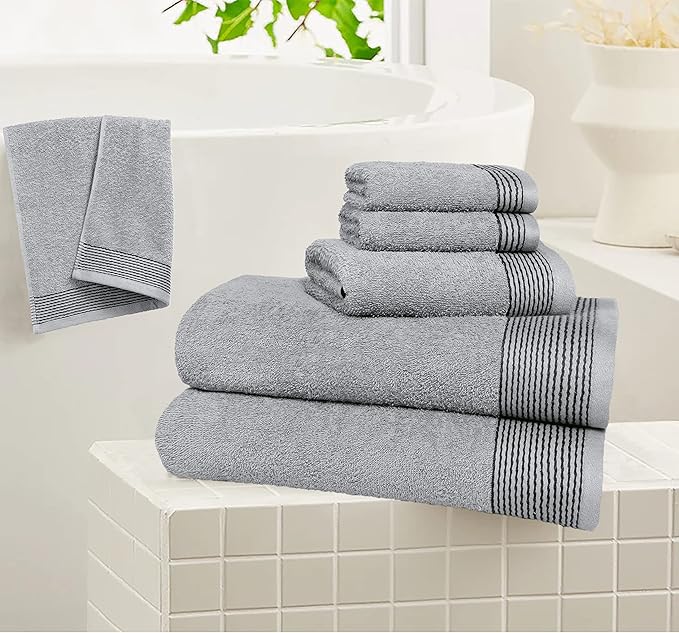 Belizzi Home 100% Cotton Ultra Soft 6 Pack Towel Set, Contains 2 Bath Towels 28x55 inchs, 2 Hand Towels 16x24 inchs & 2 Washcloths 12x12 inchs, Compact Lightweight & Highly Absorbant - Light Grey
