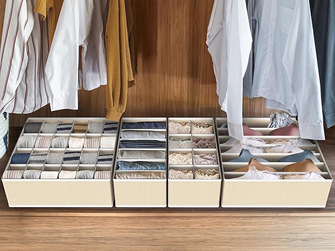 Simple Houseware 4-Pack Drawer Organizer Set - Closet Dividers for Underwear, Socks, Bras, Scarves, Ties - Foldable Non-Woven Storage Boxes, Beige