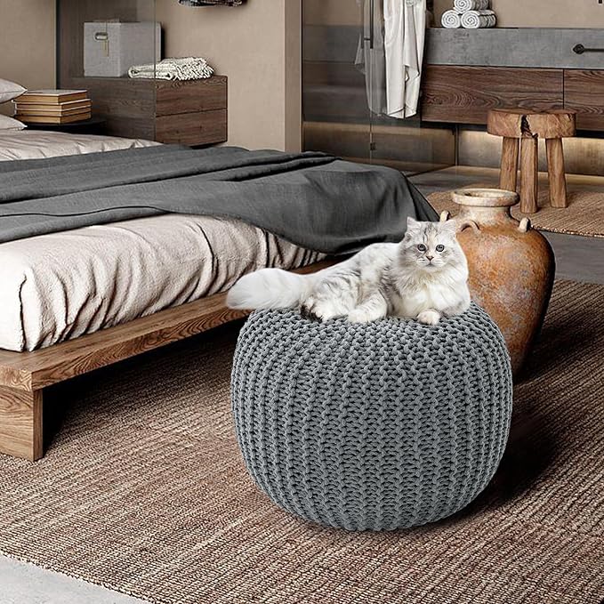 HOMBYS Unstuffed Ottoman Pouf Cover, 100% Cotton Handmade Knitted Ottoman Pouf Cover Round Foot Stool, Floor Bean Bag Chair, Foot Rest Storage for Living Room Bedroom, Light Grey(Cover ONLY NO Filler)