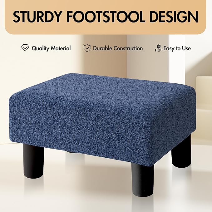 BRIAN & DANY Small Foot Stool Ottoman, Footstool with Legs, Teddy Velvet Foot Rest for Living Room, Bedroom and Office, Blue