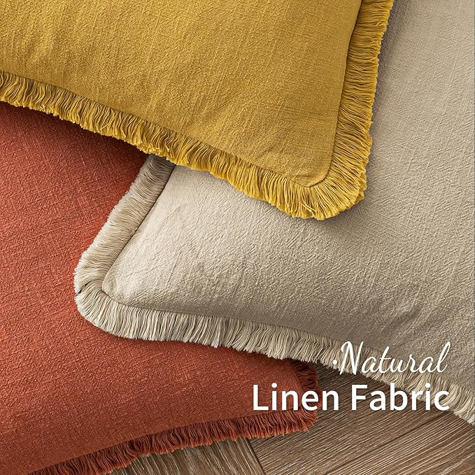 MIULEE Decorative Throw Pillow Covers Neutral Linen Fringe Throw Pillows Set of 2 Burnt Orange Boho Farmhouse Cushion Covers with Tassels for Couch Sofa Bed Living Room Home Decor 26x26 Inch