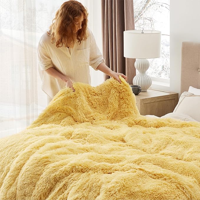 Bedsure Fluffy Yellow Blankets Queen Size for Bed, Thick Sherpa Faux Fur Fleece Fuzzy Plush Winter Warm Heavy Soft Full Queen Blankets, Bedroom Decor Yellow Gifts Cozy Gifts for Women Men, 90x90