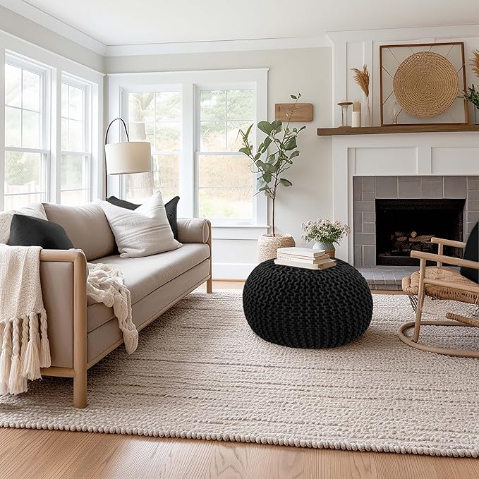 COTTON CRAFT Round Pouf - Hand Knitted Cotton Braid Cord Cable Dori Ottoman - Foot Stool - Floor Pouf Footrest Accent Seat Furniture Bean Bag - Living Room Kids Room Nursery Dorm Décor - 20x14 - Black