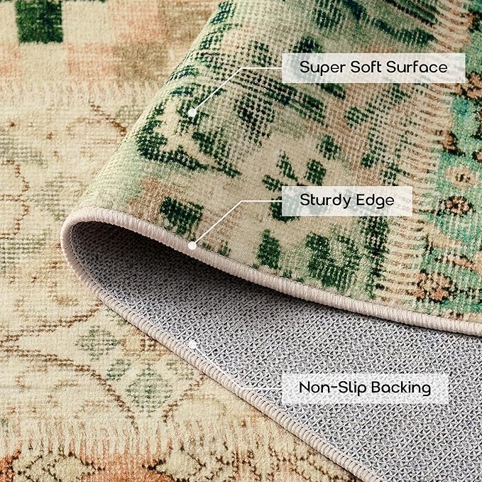 5x8 Area Rug for Living Room,Floral Botanical Plaid Geometric Neutral Washable Non Slip Vintage Rustic Farmhouse Boho Rugs for Bedroom Dining Room,Light Tan Beige Brown and Green Rust Burnt Orange