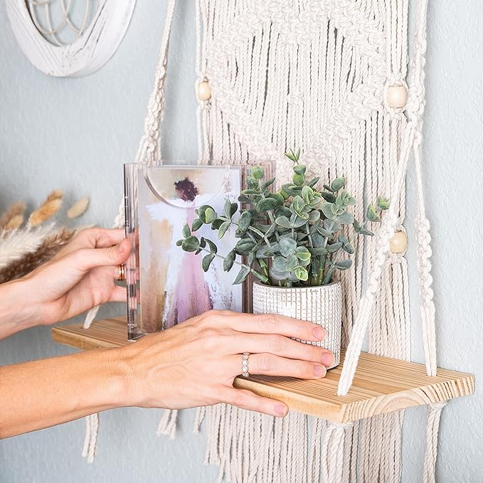 SnugLife Macrame Wall Hanging Shelf - Tier Wall Shelves with Handmade Woven Rope - Boho Shelves Organizer Hanger for Kitchen, Bathroom, Home Storage, Floating Indoor Plant Wall Shelf (1 Tier)