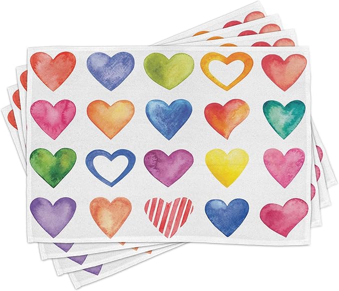 Ambesonne Grunge Place Mats Set of 8, Rainbow Color Heart Shapes Valentine's Day Design Romantic His and Hers Theme, Washable Fabric Placemats for Dining Table, Placemat 8 pcs, Red Multicolor